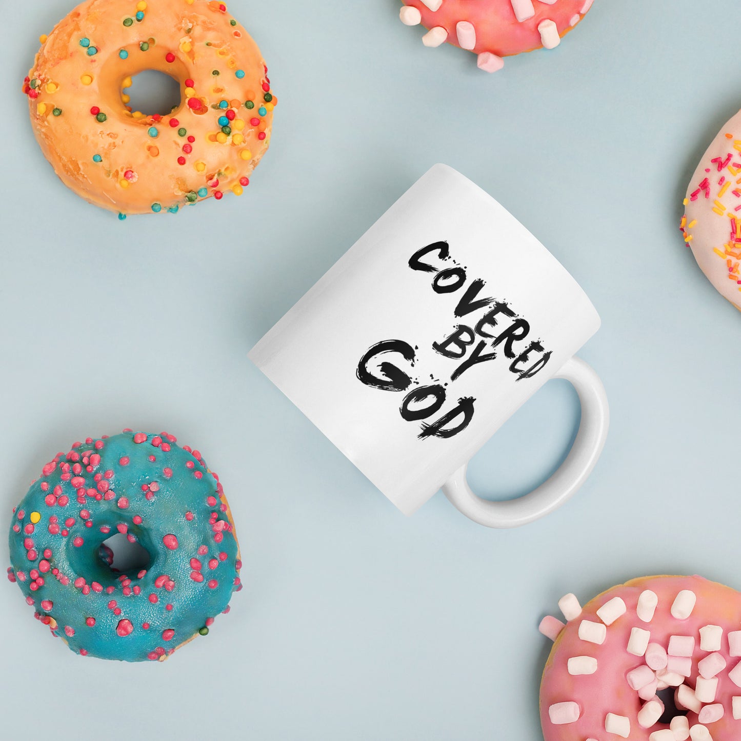 "I'm Just Out Here Trusting God" White glossy mug